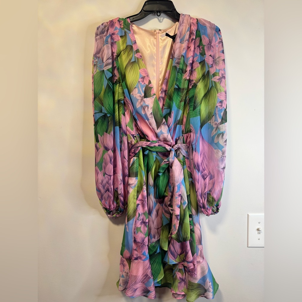Alex Marie Pink Green Floral Wrap Dress